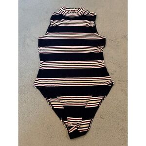 Cape Juby Navy Striped Sleeveless Mock Neck Ribbed Bodysuit Medium
